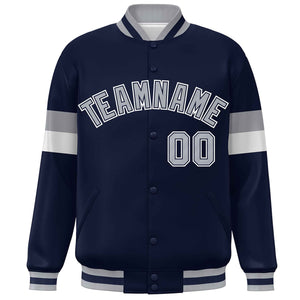 Custom Navy Gray-White Color Block Bomber Varsity Full-Snap Baseball Jacket