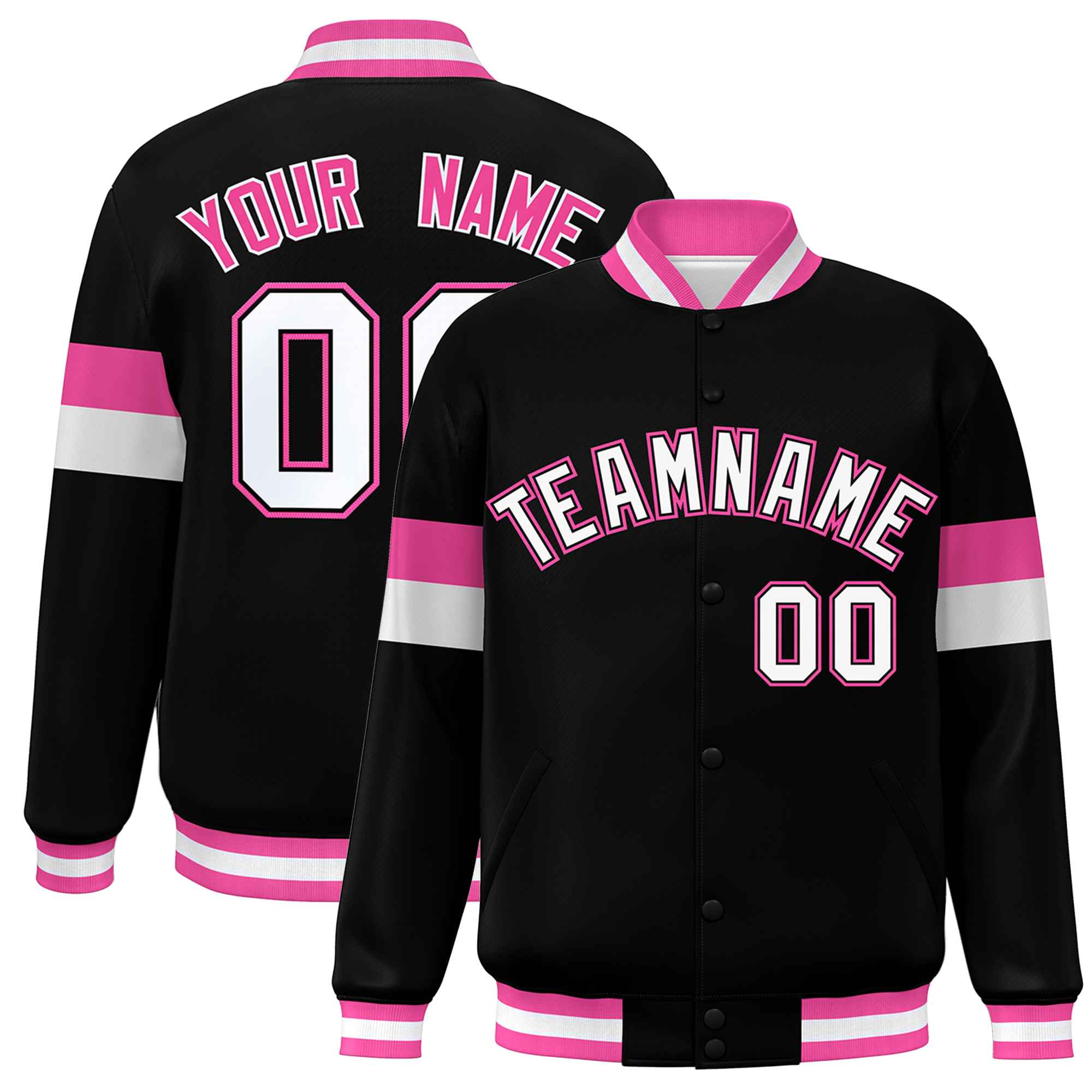 Custom Black White-Pink Color Block Bomber Varsity Full-Snap Baseball Jacket