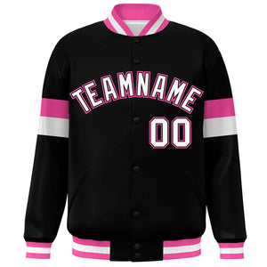 Custom Black White-Pink Color Block Bomber Varsity Full-Snap Baseball Jacket