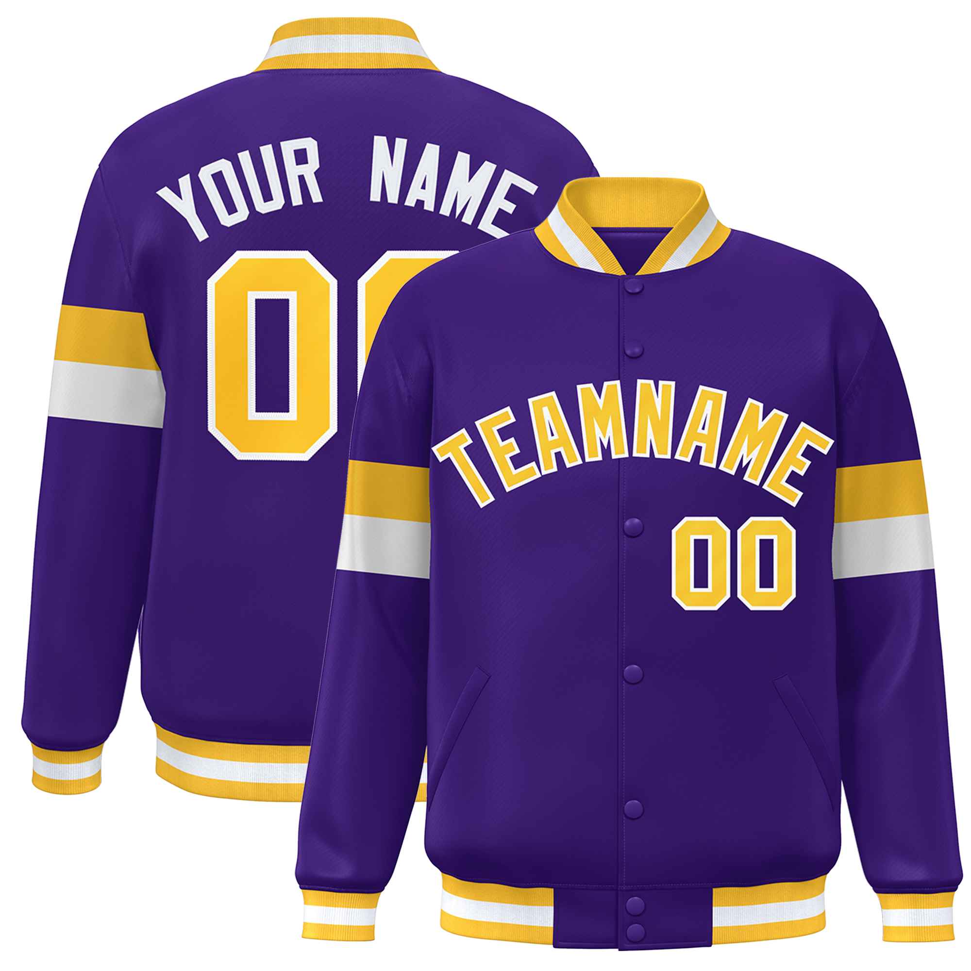 Custom Purple Gold-White Color Block Bomber Varsity Full-Snap Baseball Jacket