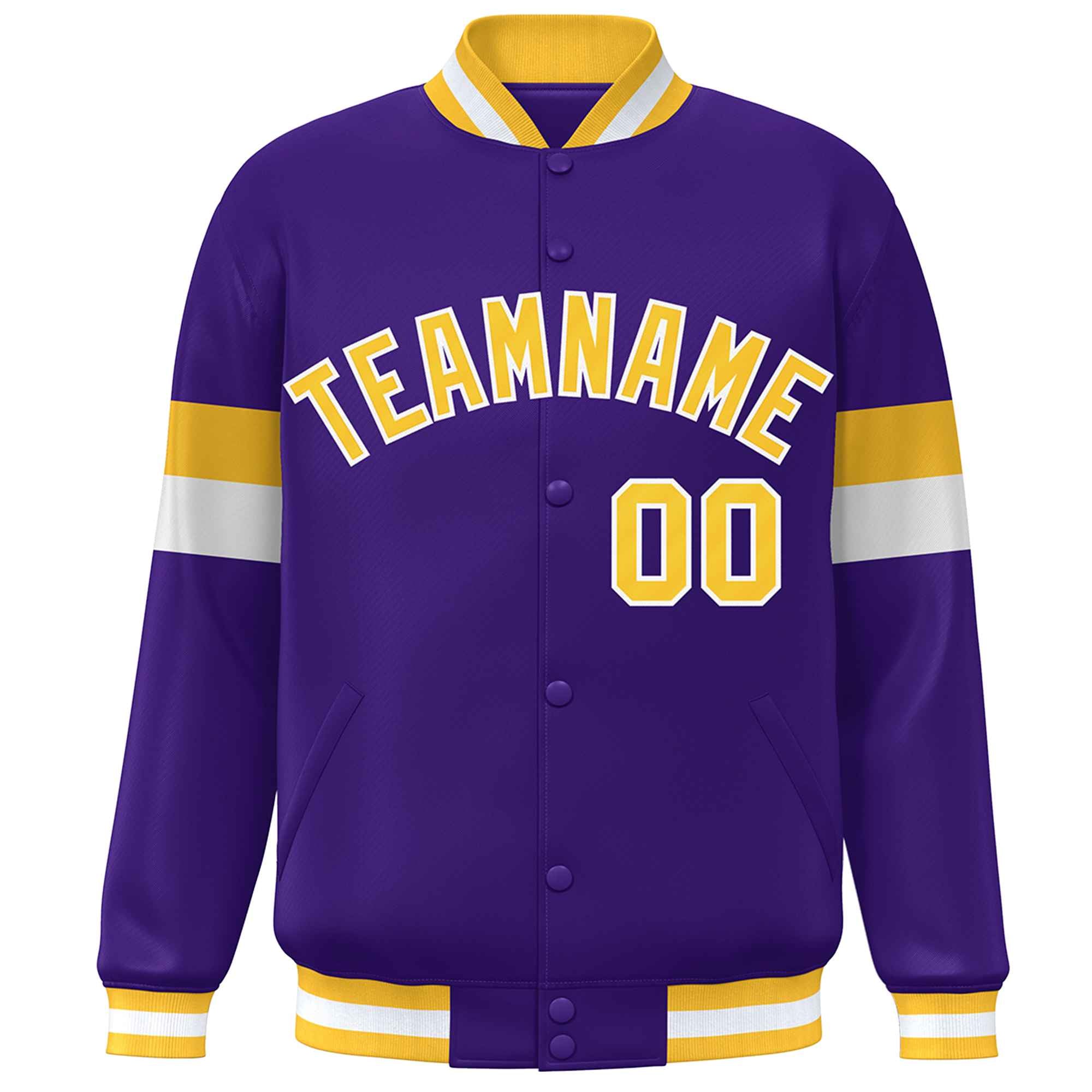 Custom Purple Gold-White Color Block Bomber Varsity Full-Snap Baseball Jacket