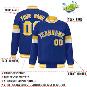 Custom Royal Gold-White Color Block Bomber Varsity Full-Snap Baseball Jacket