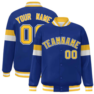 Custom Royal Gold-White Color Block Bomber Varsity Full-Snap Baseball Jacket