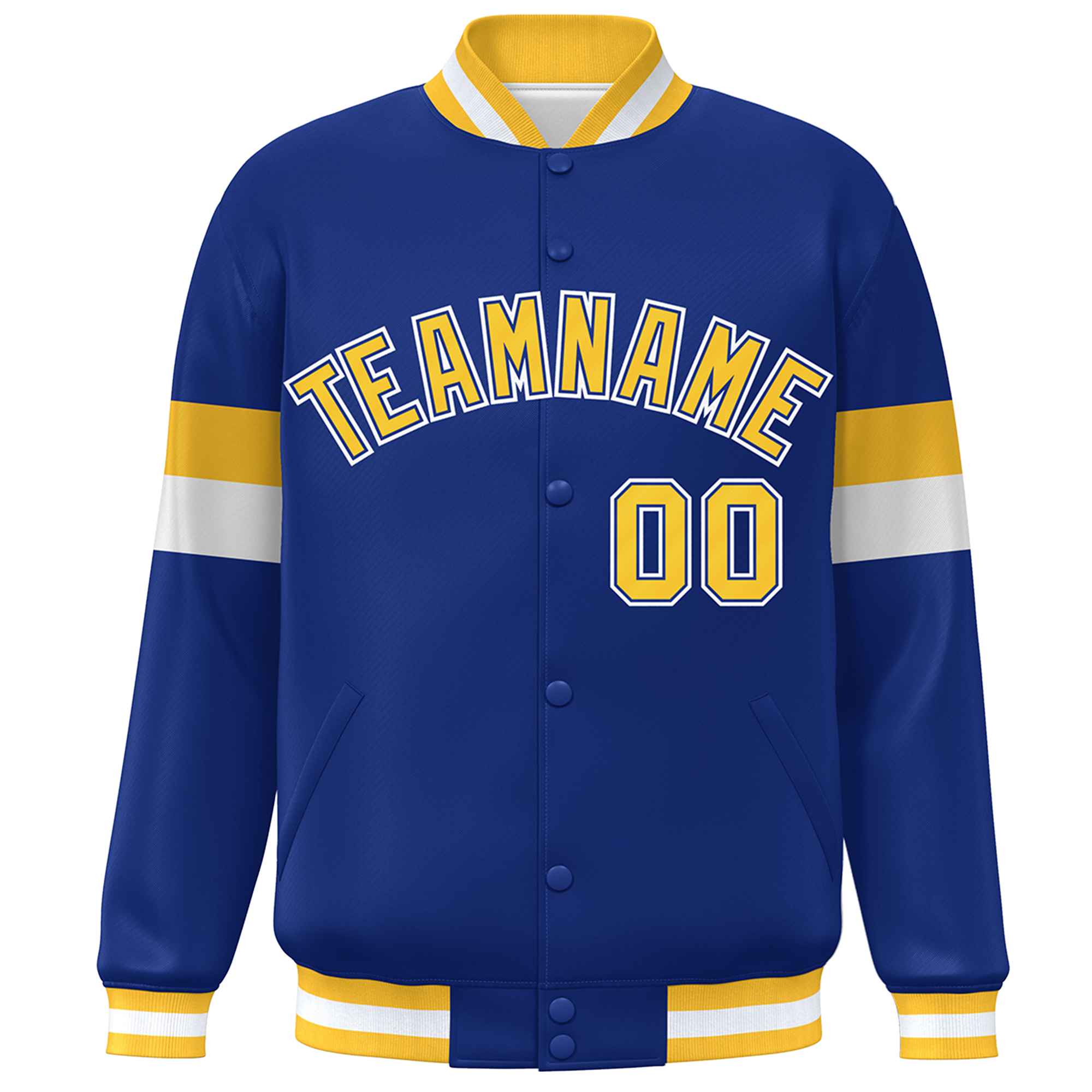 Custom Royal Gold-White Color Block Bomber Varsity Full-Snap Baseball Jacket