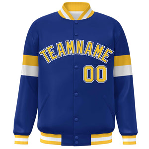 Custom Royal Gold-White Color Block Bomber Varsity Full-Snap Baseball Jacket