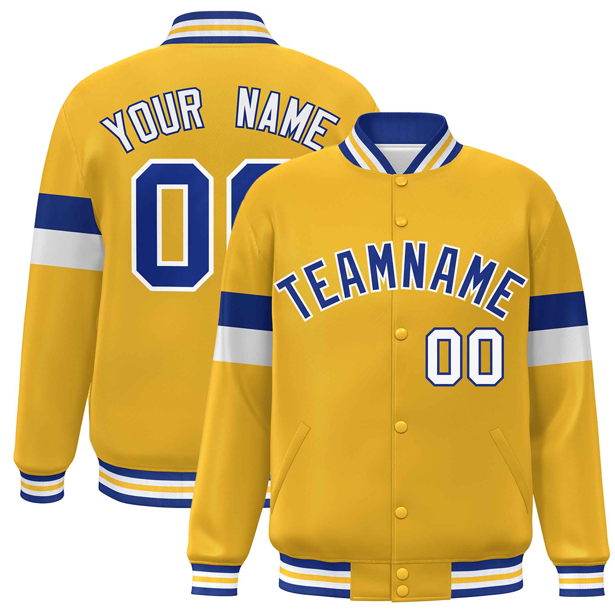 Custom Gold Royal-White Color Block Bomber Varsity Full-Snap Baseball Jacket