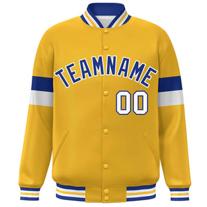 Custom Gold Royal-White Color Block Bomber Varsity Full-Snap Baseball Jacket