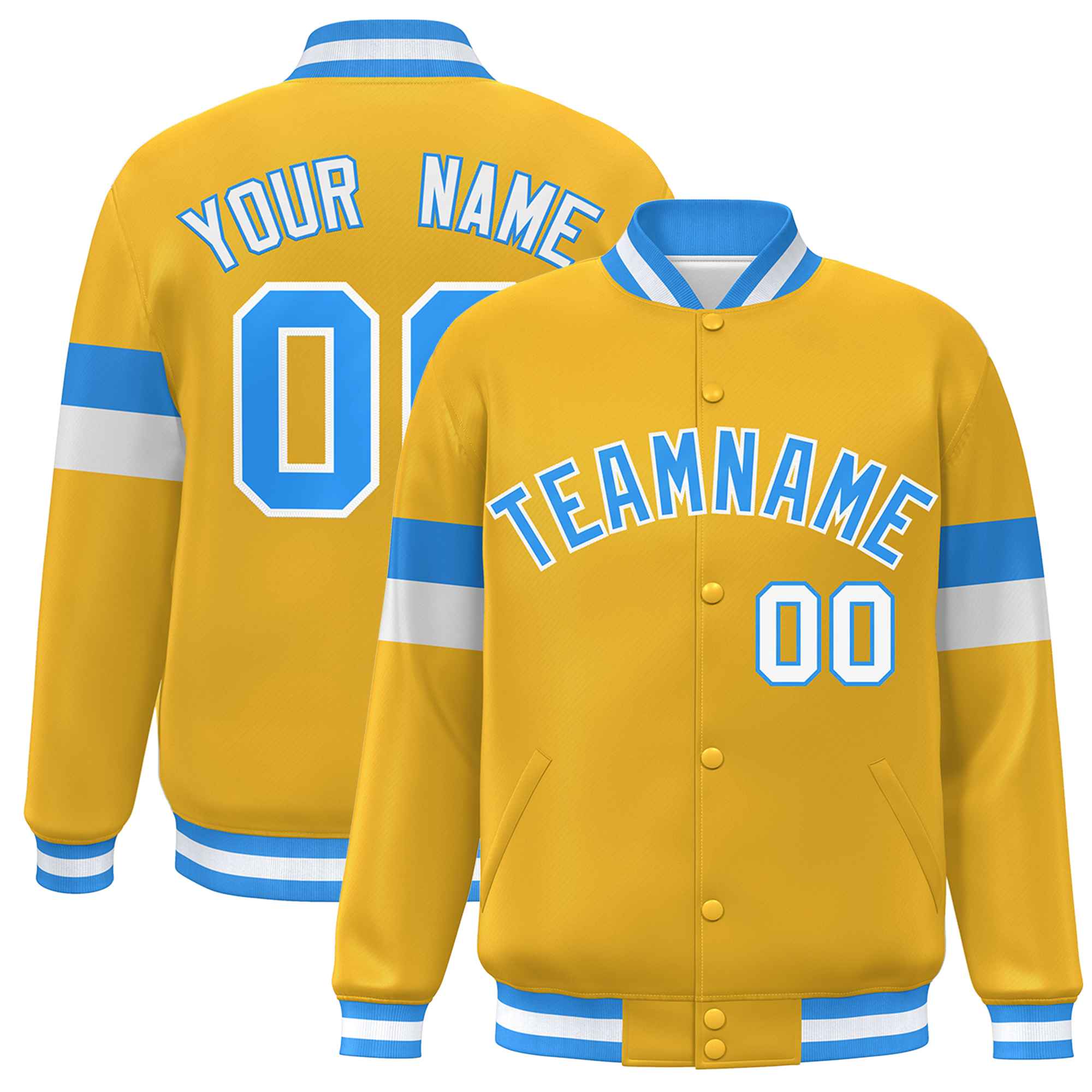 Custom Gold Powder Blue-White Color Block Bomber Varsity Full-Snap Baseball Jacket