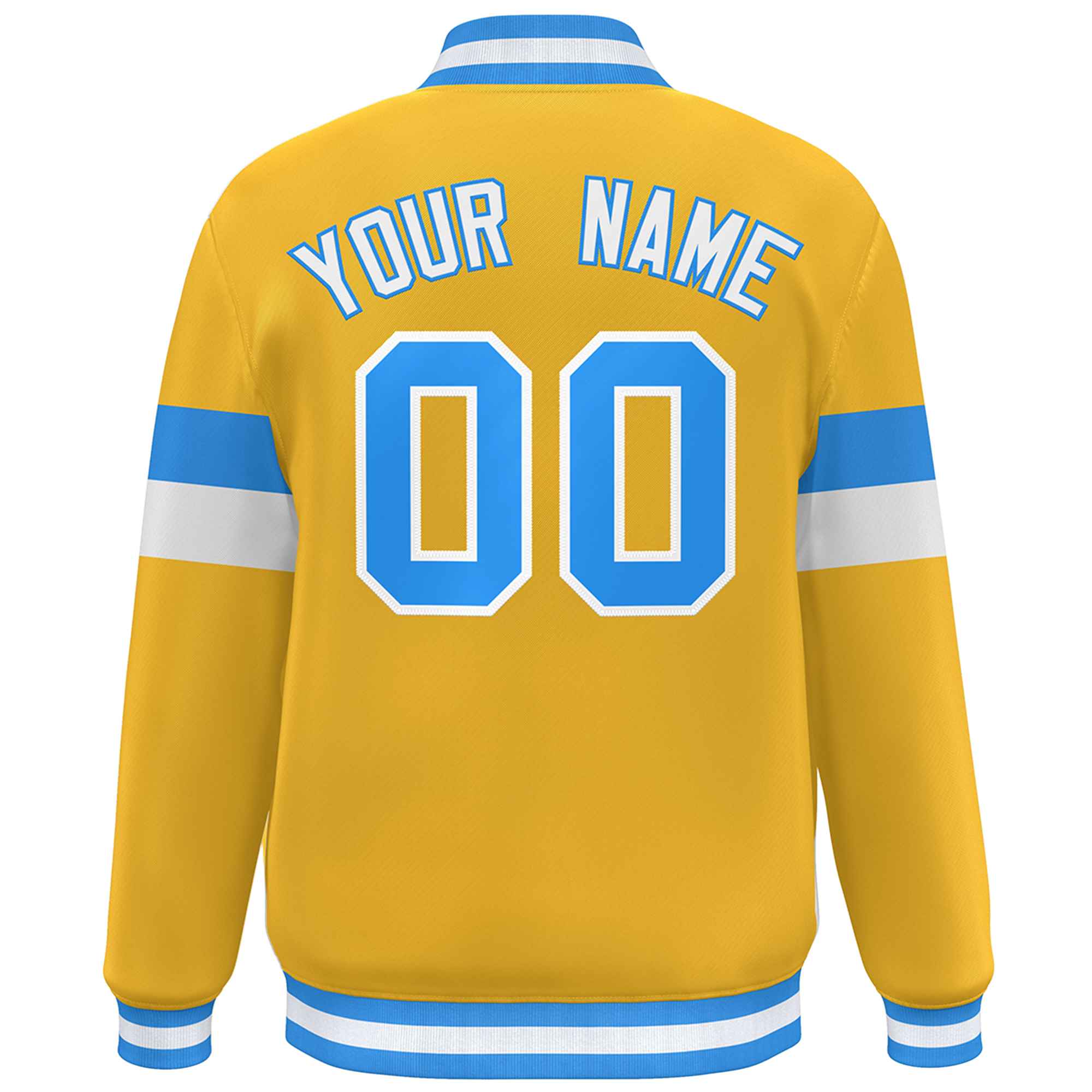 Custom Gold Powder Blue-White Color Block Bomber Varsity Full-Snap Baseball Jacket