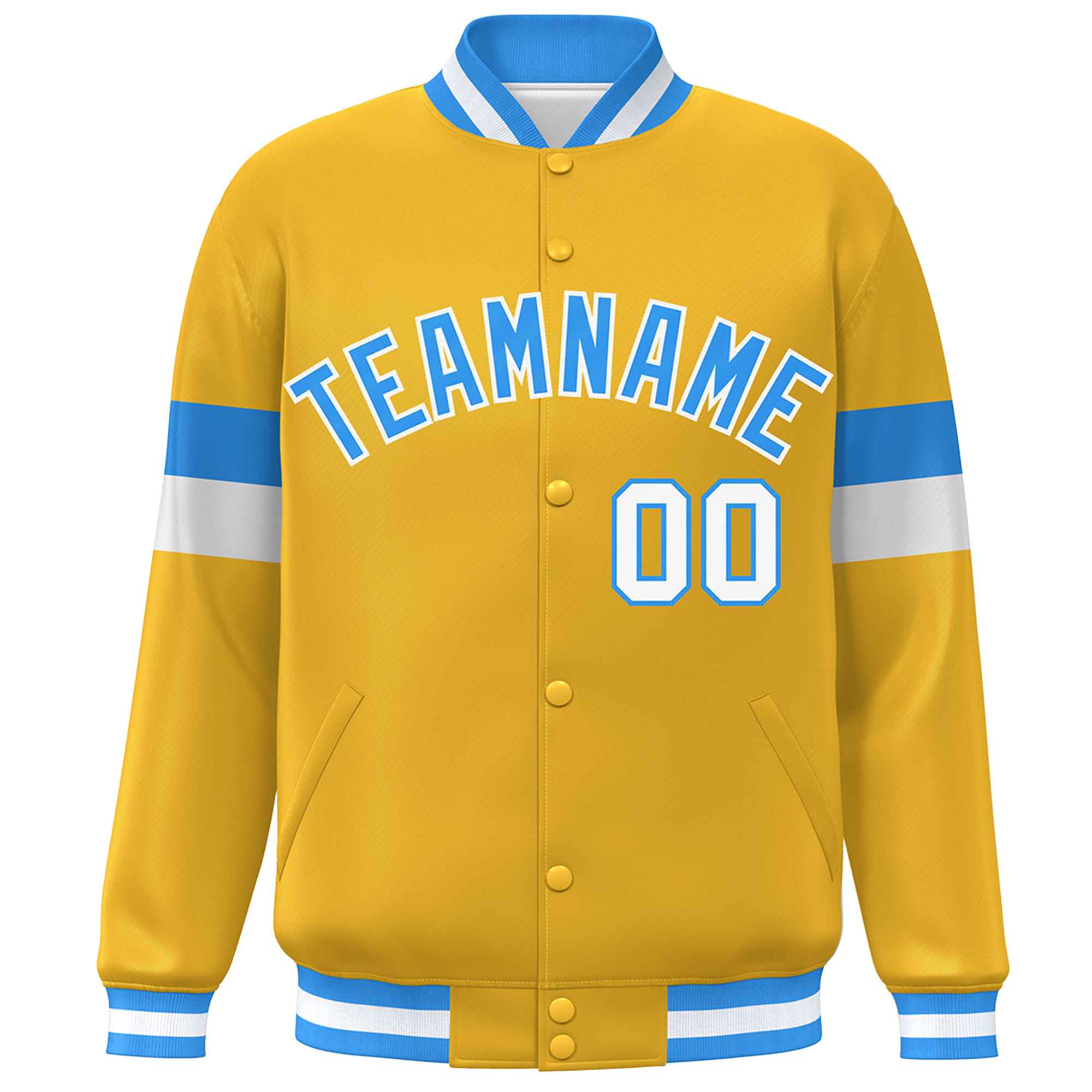 Custom Gold Powder Blue-White Color Block Bomber Varsity Full-Snap Baseball Jacket