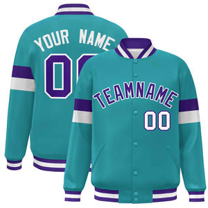 Custom Aqua Purple-White Color Block Bomber Varsity Full-Snap Baseball Jacket