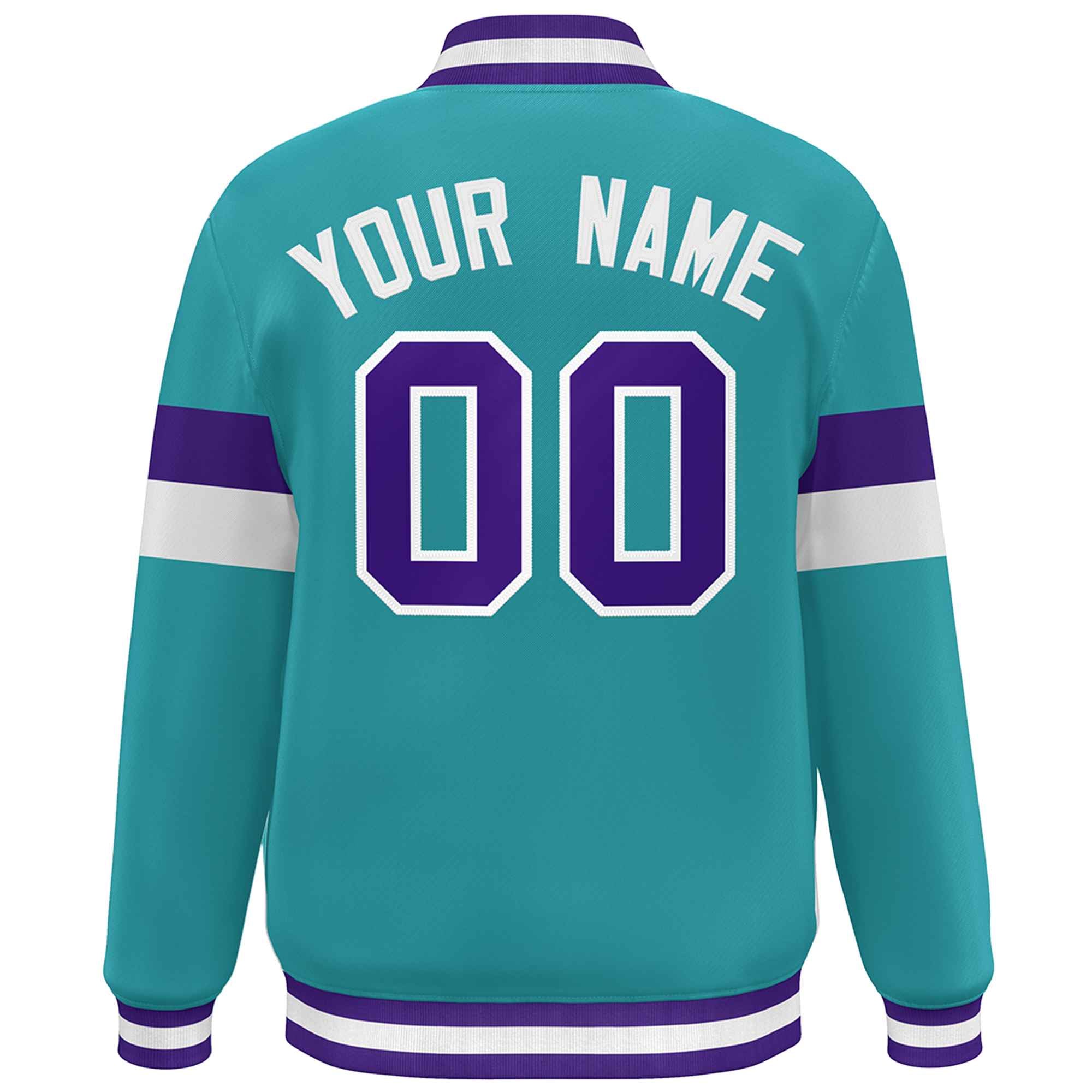 Custom Aqua Purple-White Color Block Bomber Varsity Full-Snap Baseball Jacket