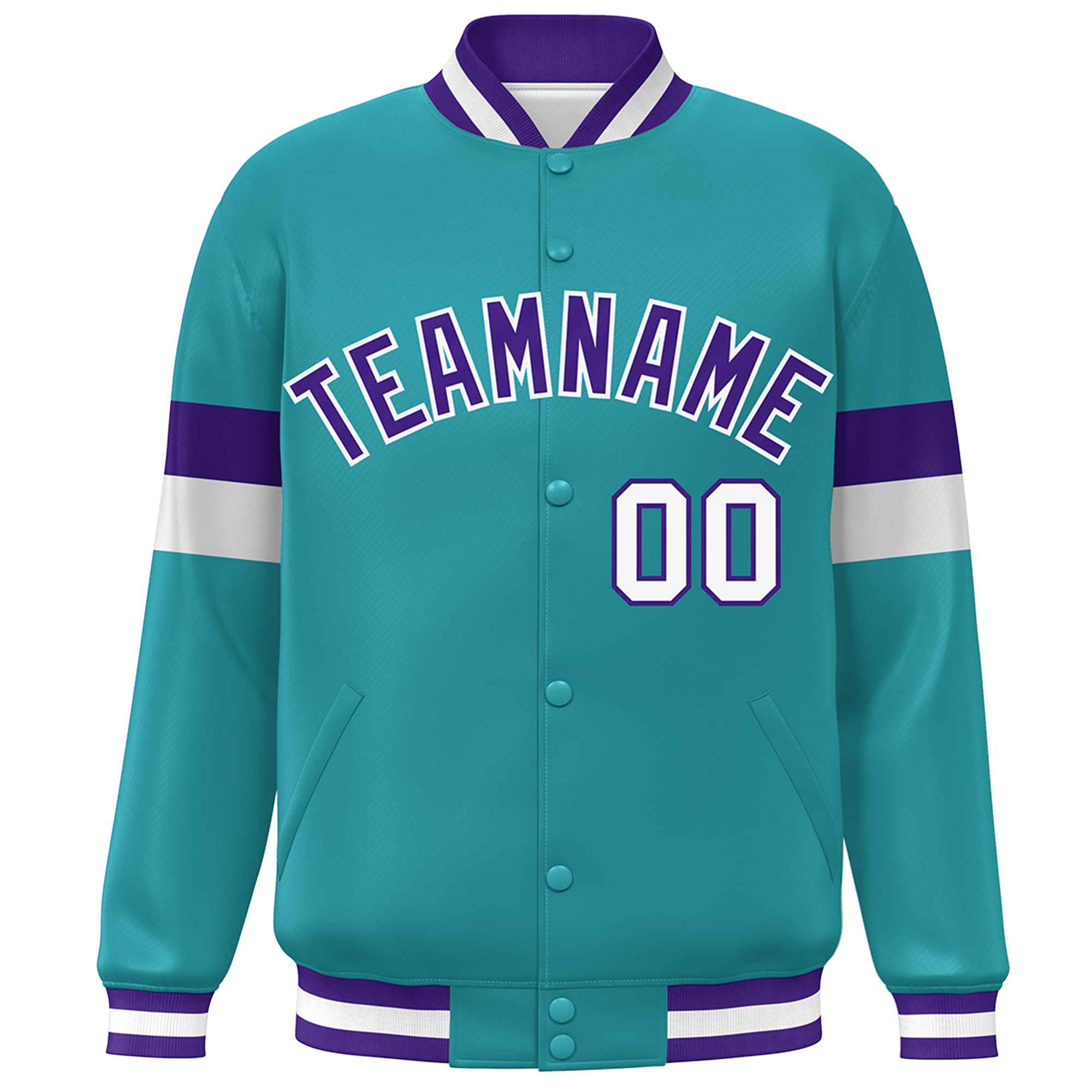 Custom Aqua Purple-White Color Block Bomber Varsity Full-Snap Baseball Jacket