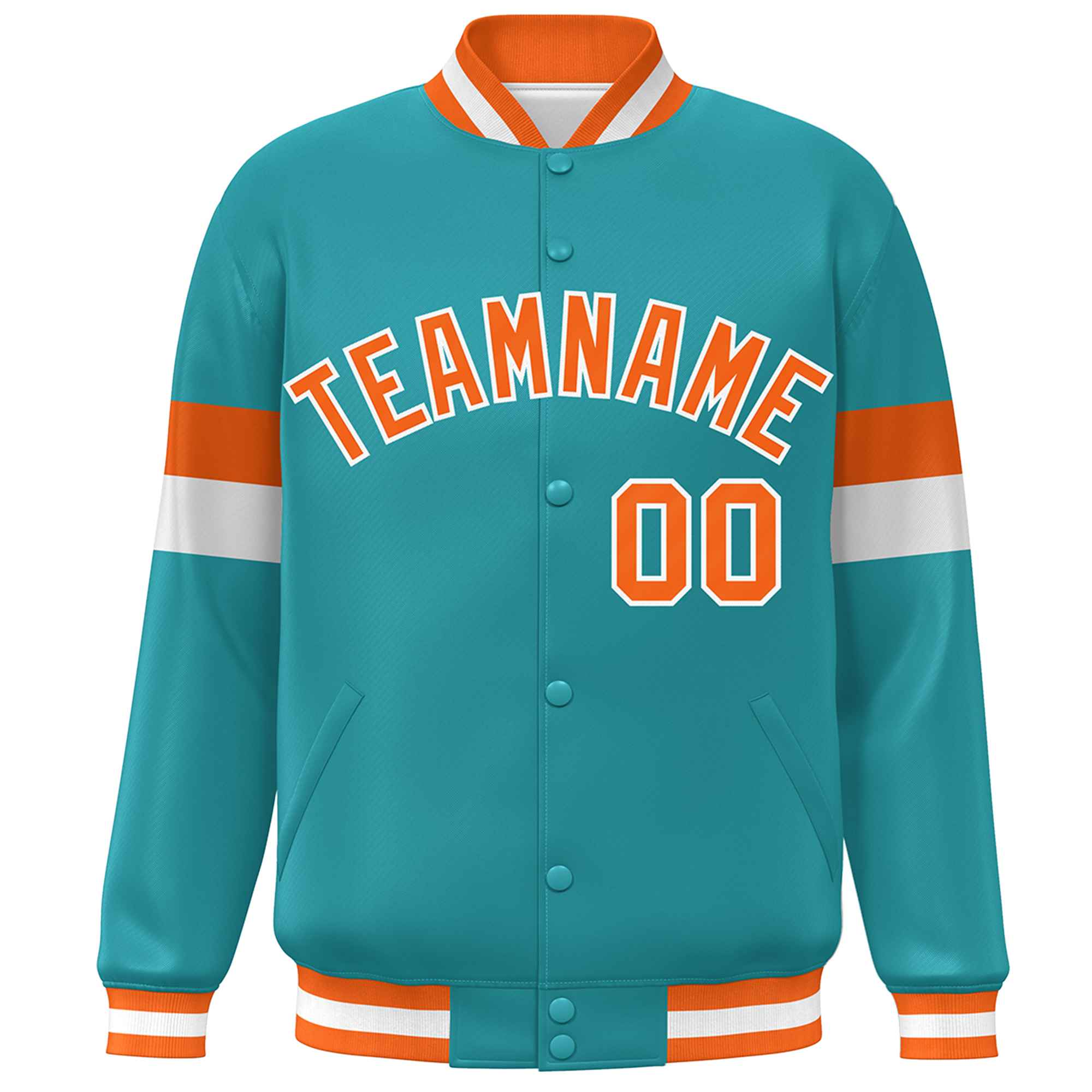 Custom Aqua Orange-White Color Block Bomber Varsity Full-Snap Baseball Jacket