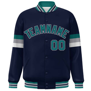 Custom Navy Aqua-Gray Color Block Bomber Varsity Full-Snap Baseball Jacket