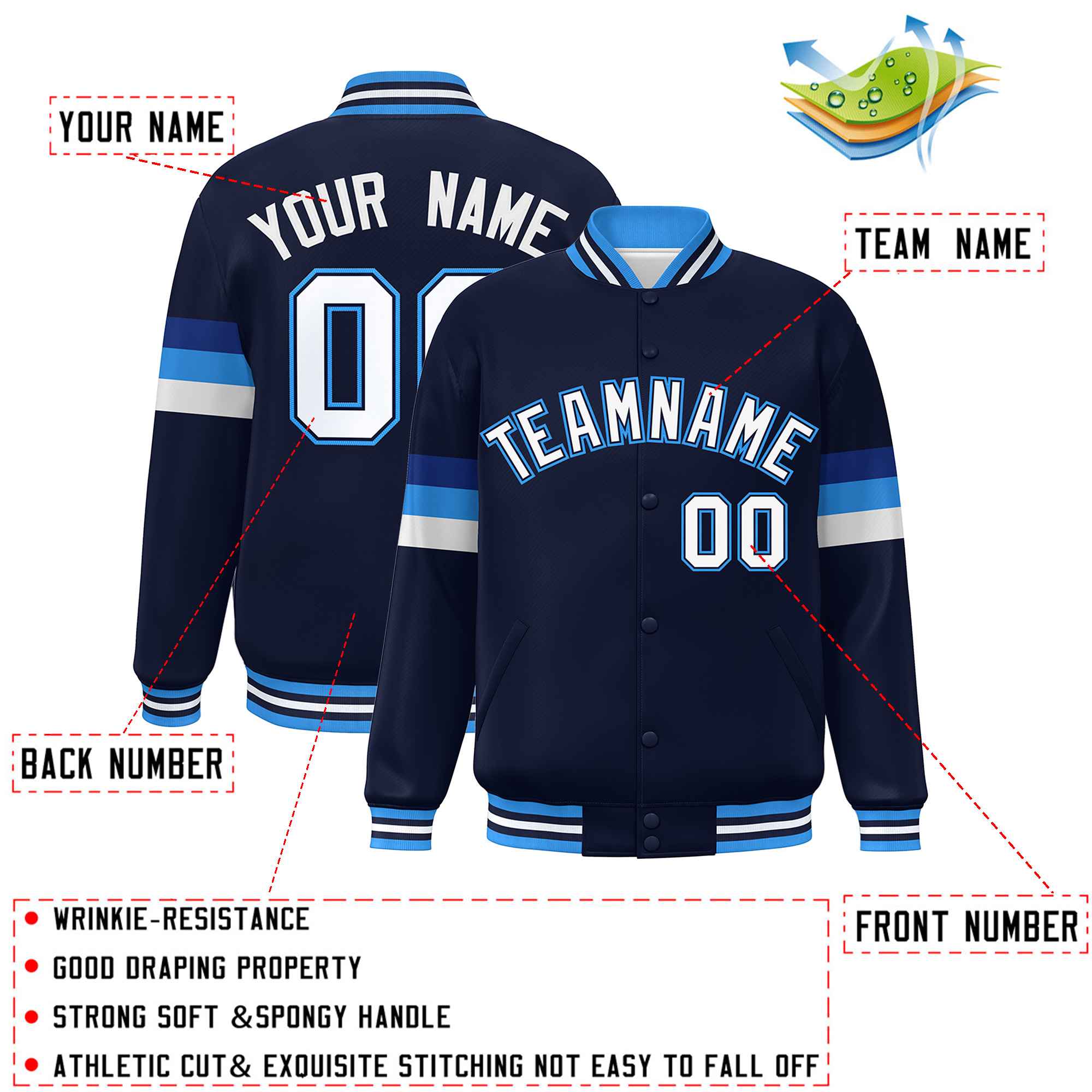 Custom Navy White-Powder Blue Color Block Bomber Varsity Full-Snap Baseball Jacket