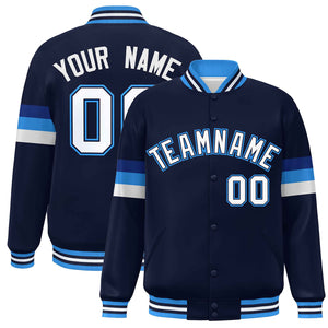 Custom Navy White-Powder Blue Color Block Bomber Varsity Full-Snap Baseball Jacket