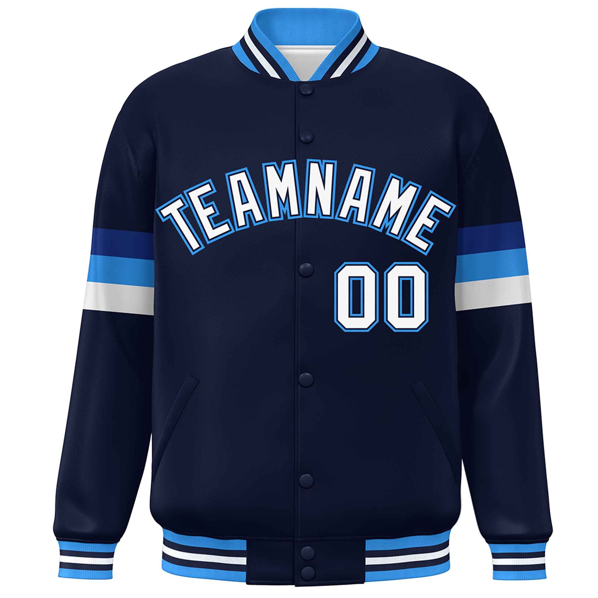 Custom Navy White-Powder Blue Color Block Bomber Varsity Full-Snap Baseball Jacket