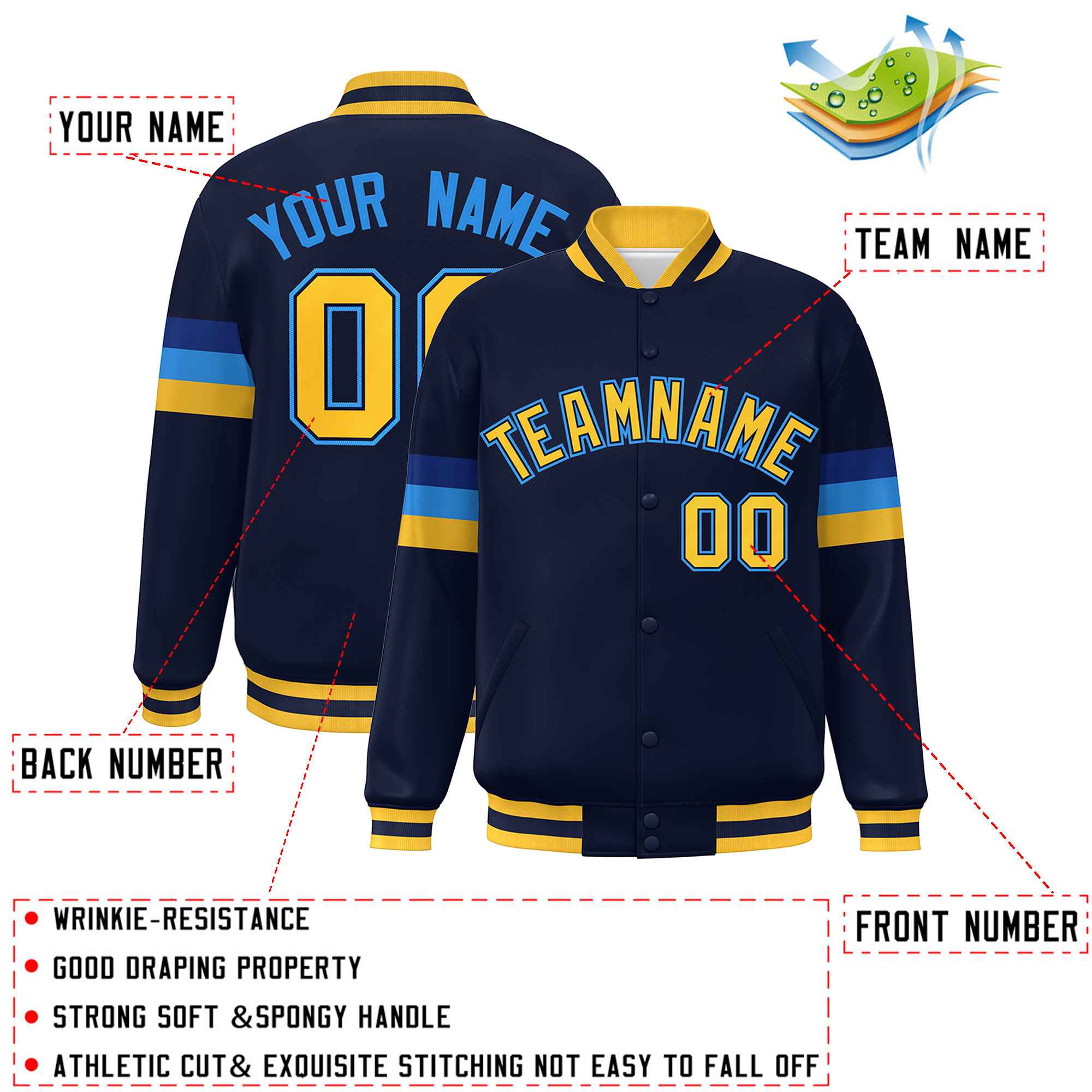 Custom Navy Gold-Powder Blue Color Block Bomber Varsity Full-Snap Baseball Jacket