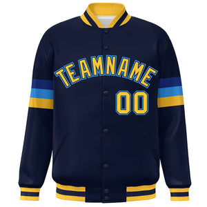 Custom Navy Gold-Powder Blue Color Block Bomber Varsity Full-Snap Baseball Jacket