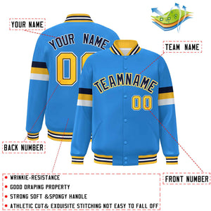 Custom Powder Blue Navy-Gold Color Block Bomber Varsity Full-Snap Baseball Jacket