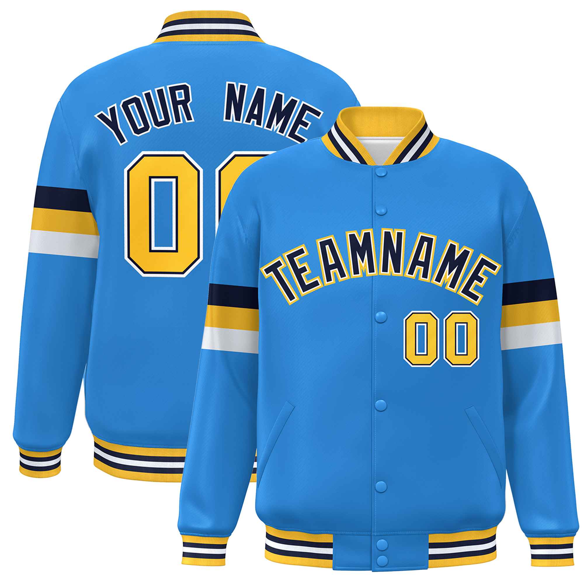 Custom Powder Blue Navy-Gold Color Block Bomber Varsity Full-Snap Baseball Jacket