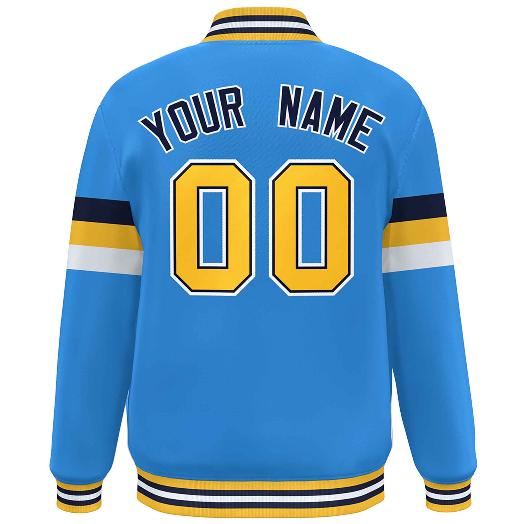 Custom Powder Blue Navy-Gold Color Block Bomber Varsity Full-Snap Baseball Jacket