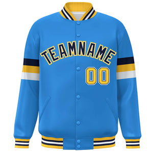 Custom Powder Blue Navy-Gold Color Block Bomber Varsity Full-Snap Baseball Jacket