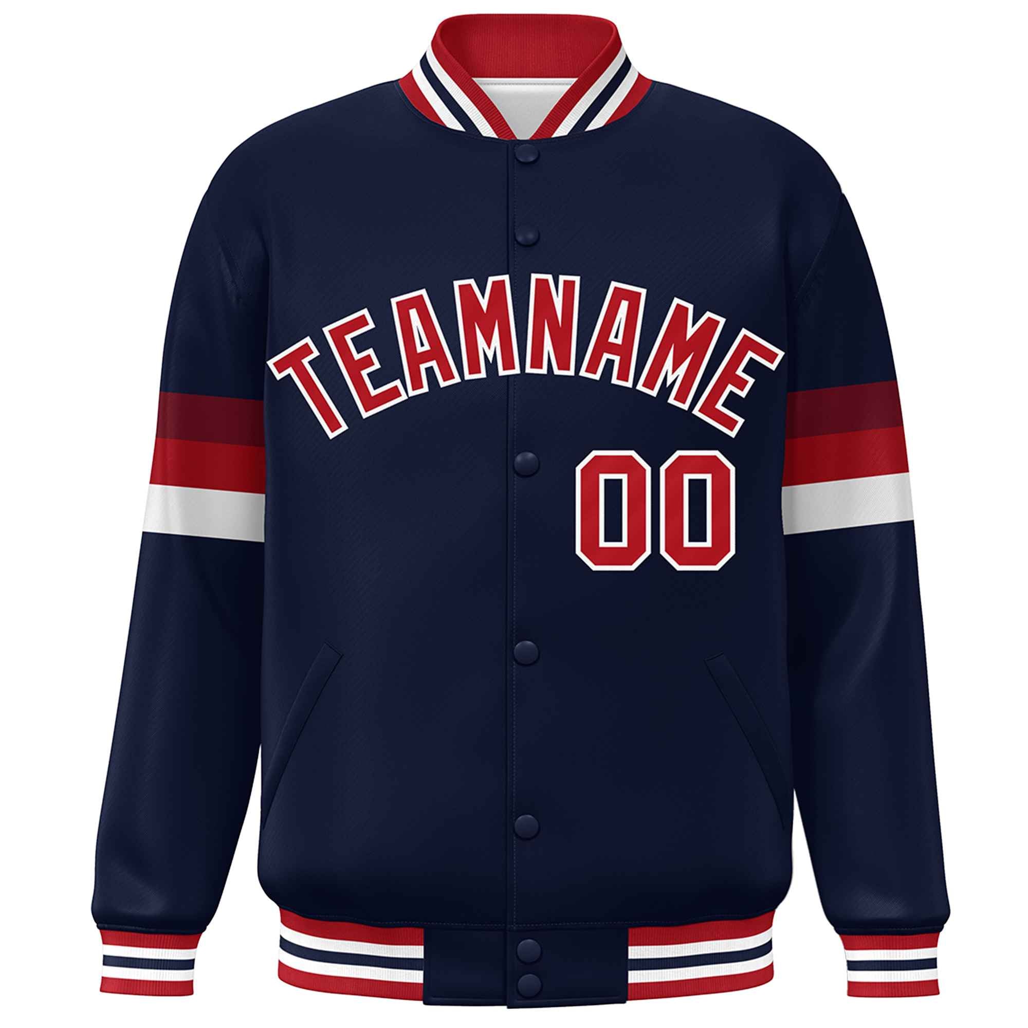 Custom Navy Red-White Color Block Bomber Varsity Full-Snap Baseball Jacket