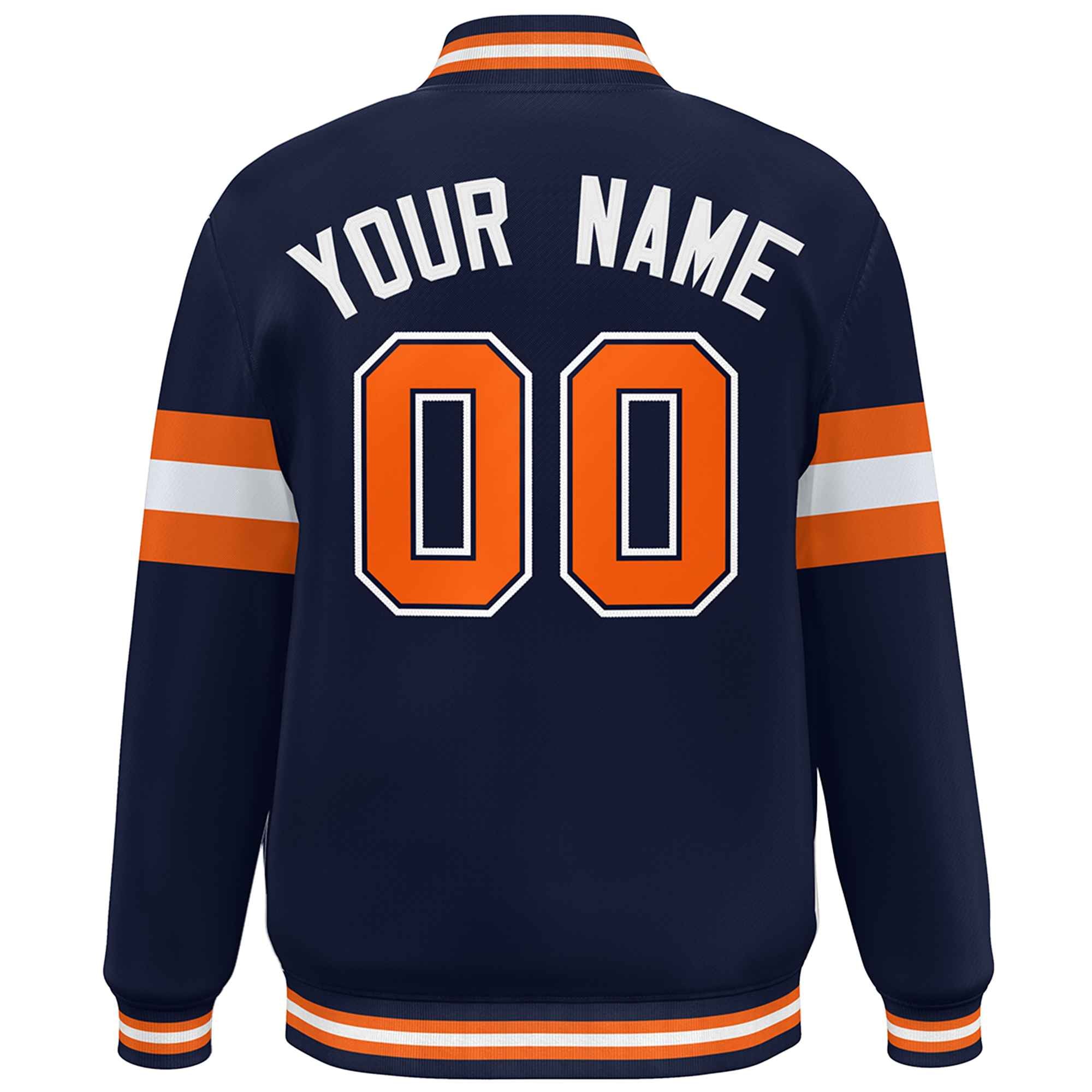 Custom Navy Orange-White Color Block Bomber Varsity Full-Snap Baseball Jacket