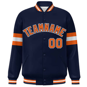 Custom Navy Orange-White Color Block Bomber Varsity Full-Snap Baseball Jacket