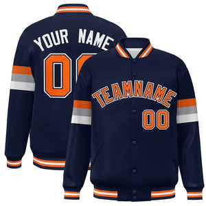 Custom Navy Orange-White Color Block Bomber Varsity Full-Snap Baseball Jacket