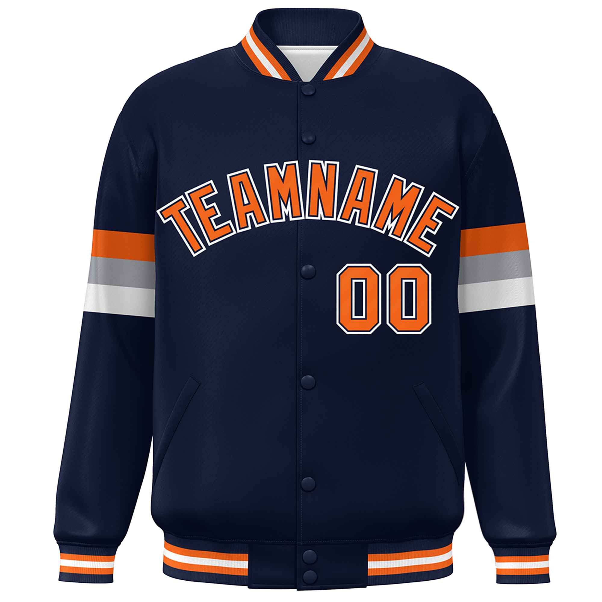 Custom Navy Orange-White Color Block Bomber Varsity Full-Snap Baseball Jacket