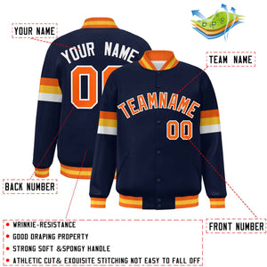 Custom Navy Orange-White Color Block Bomber Varsity Full-Snap Baseball Jacket