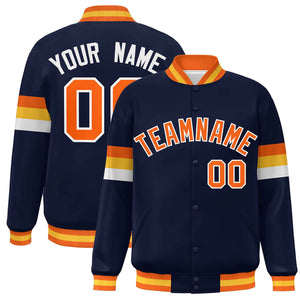 Custom Navy Orange-White Color Block Bomber Varsity Full-Snap Baseball Jacket