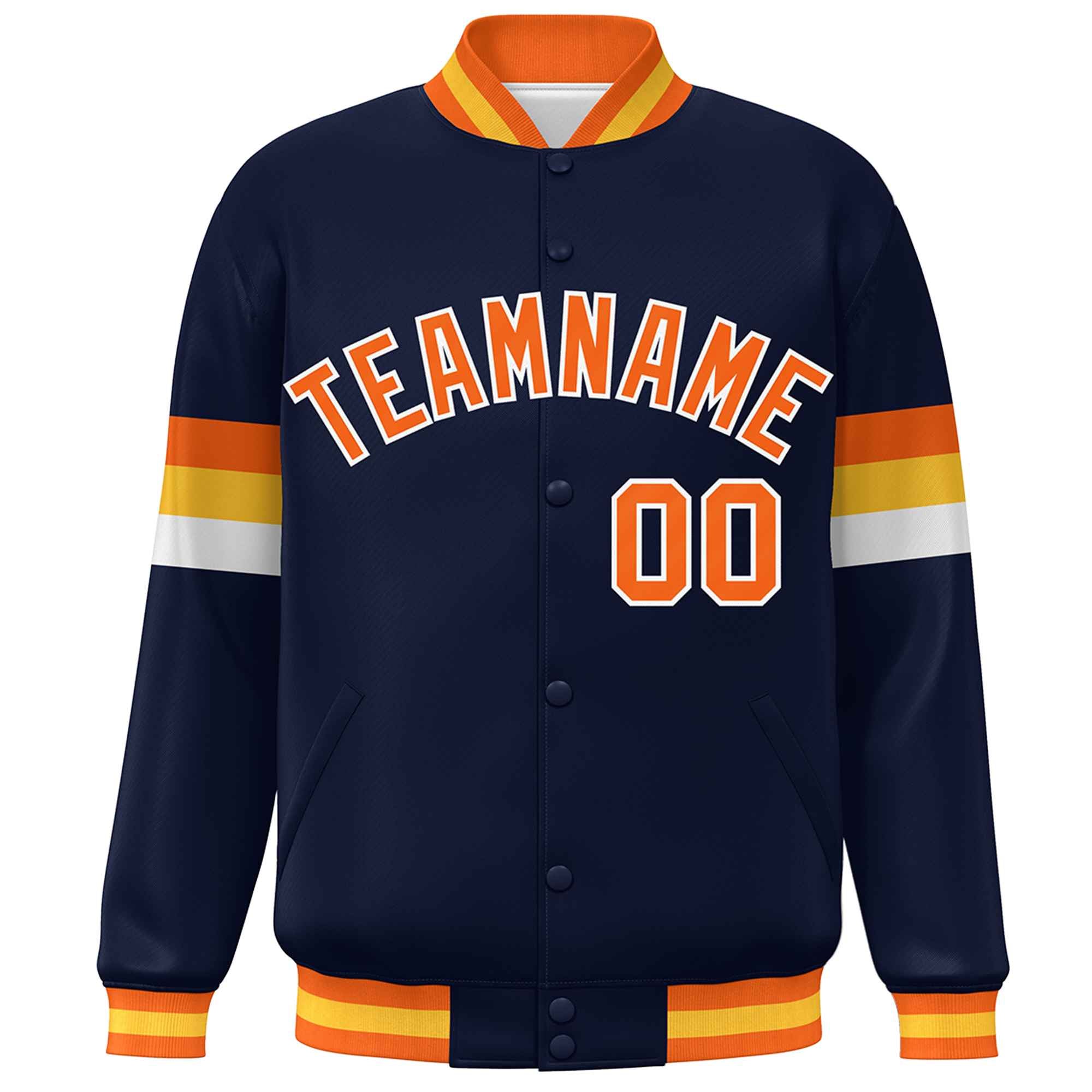 Custom Navy Orange-White Color Block Bomber Varsity Full-Snap Baseball Jacket