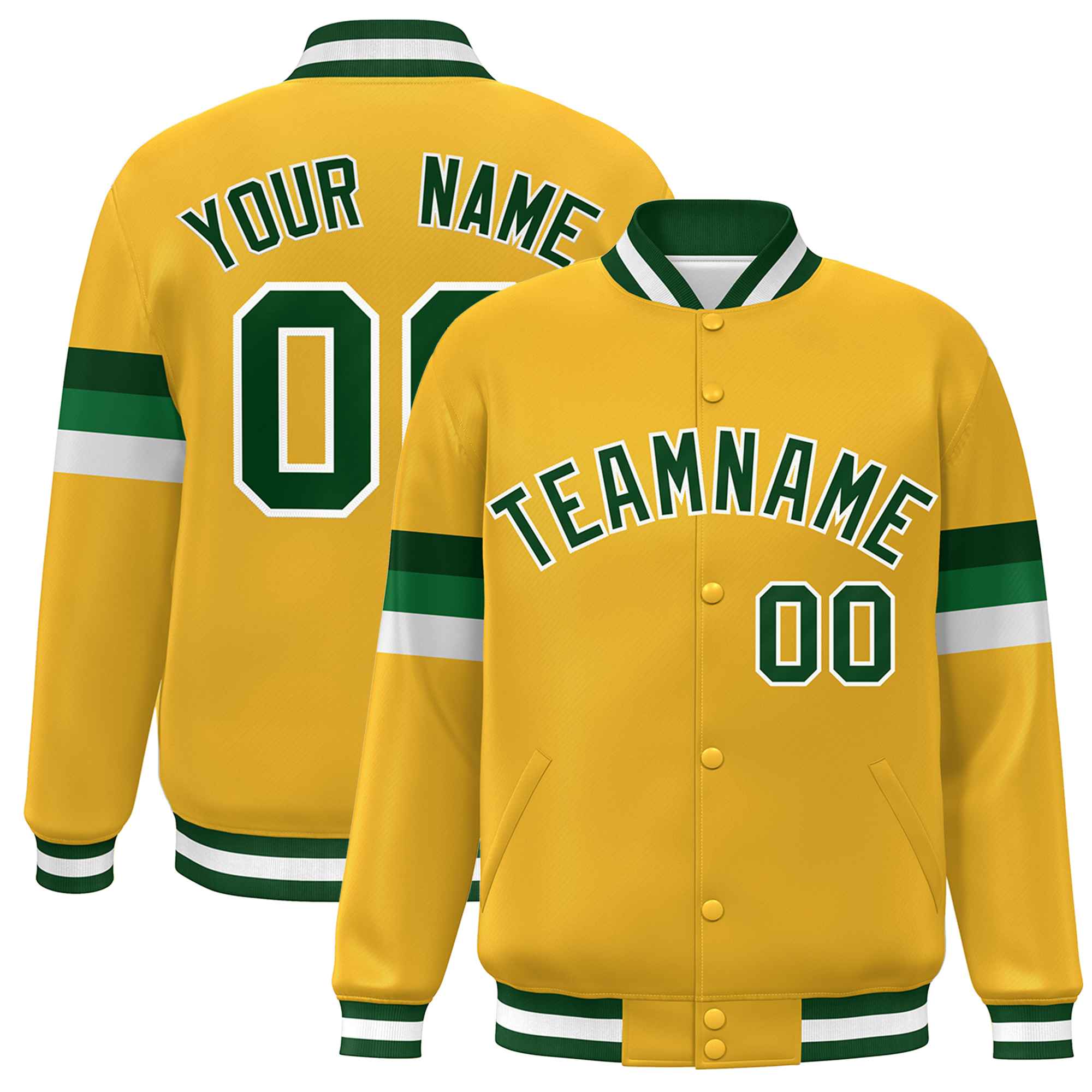 Custom Gold Green-White Color Block Bomber Varsity Full-Snap Baseball Jacket