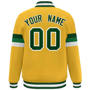 Custom Gold Green-White Color Block Bomber Varsity Full-Snap Baseball Jacket