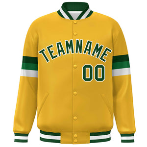 Custom Gold Green-White Color Block Bomber Varsity Full-Snap Baseball Jacket