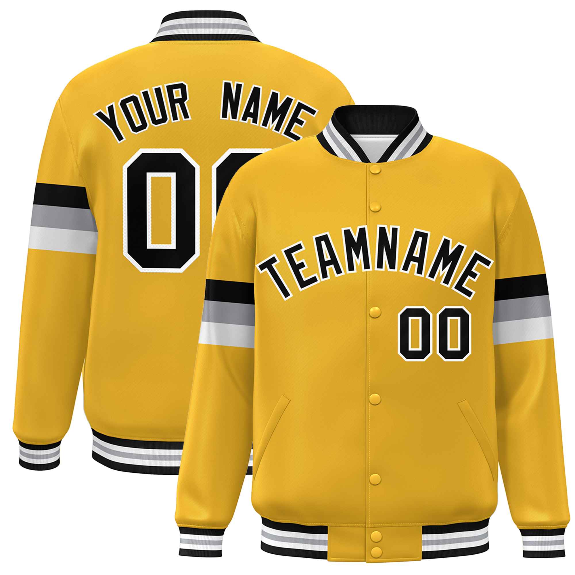 Custom Gold Black-White Color Block Bomber Varsity Full-Snap Baseball Jacket