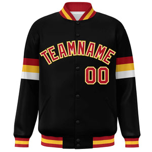 Custom Black Red-Gold Color Block Bomber Varsity Full-Snap Baseball Jacket