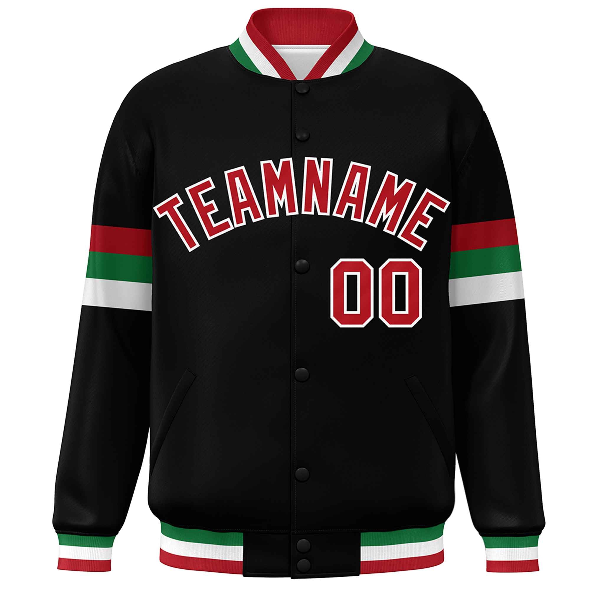 Custom Black Red-White Color Block Bomber Varsity Full-Snap Baseball Jacket