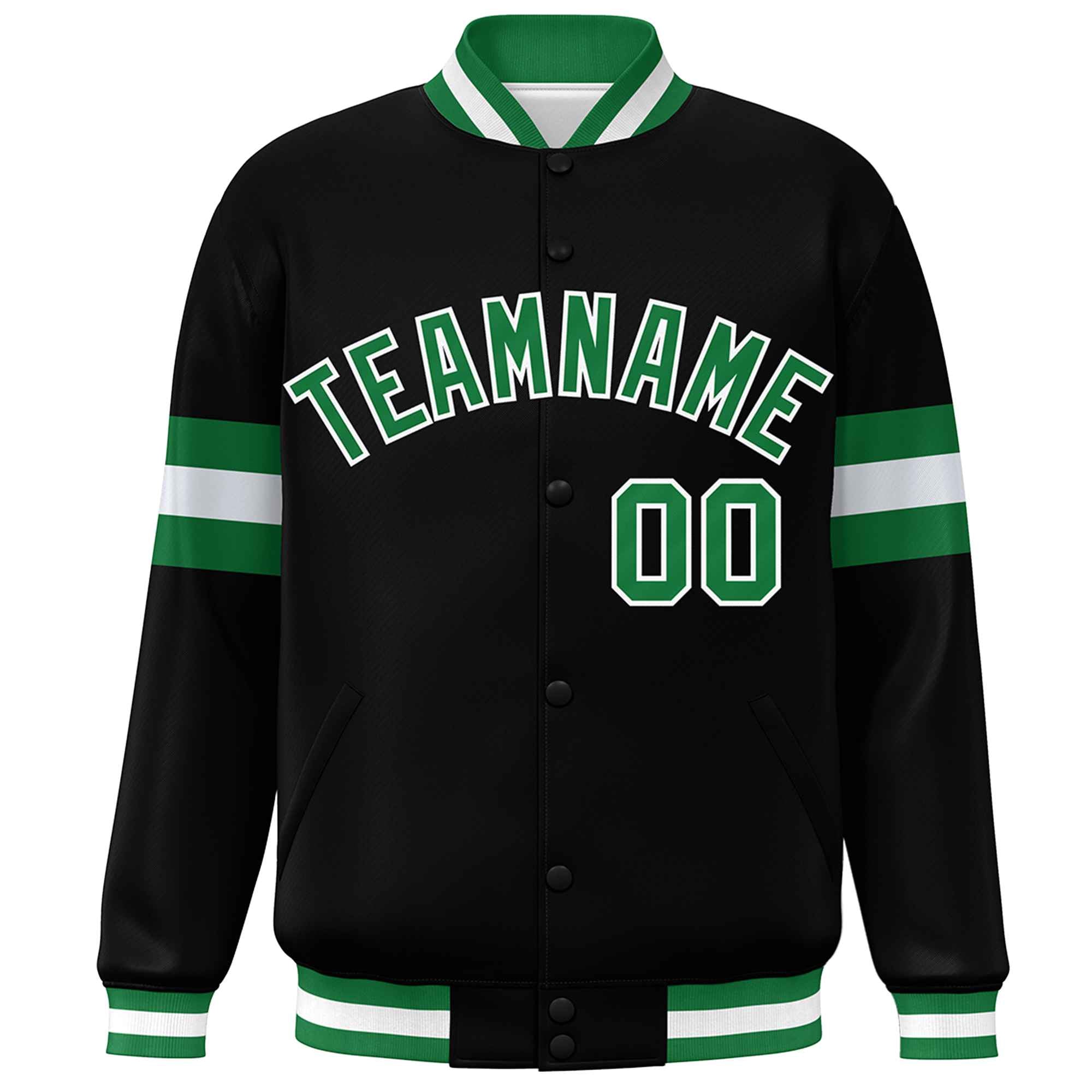 Custom Black Kelly Green-White Color Block Bomber Varsity Full-Snap Baseball Jacket