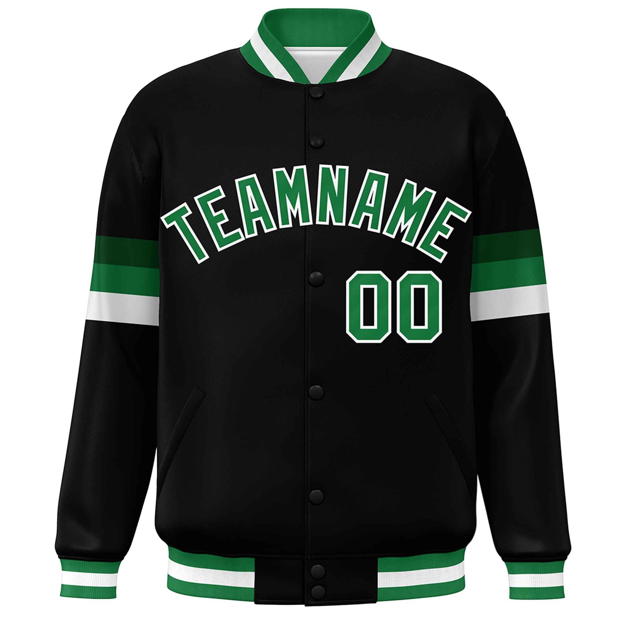 Custom Black Kelly Green-White Color Block Bomber Varsity Full-Snap Baseball Jacket