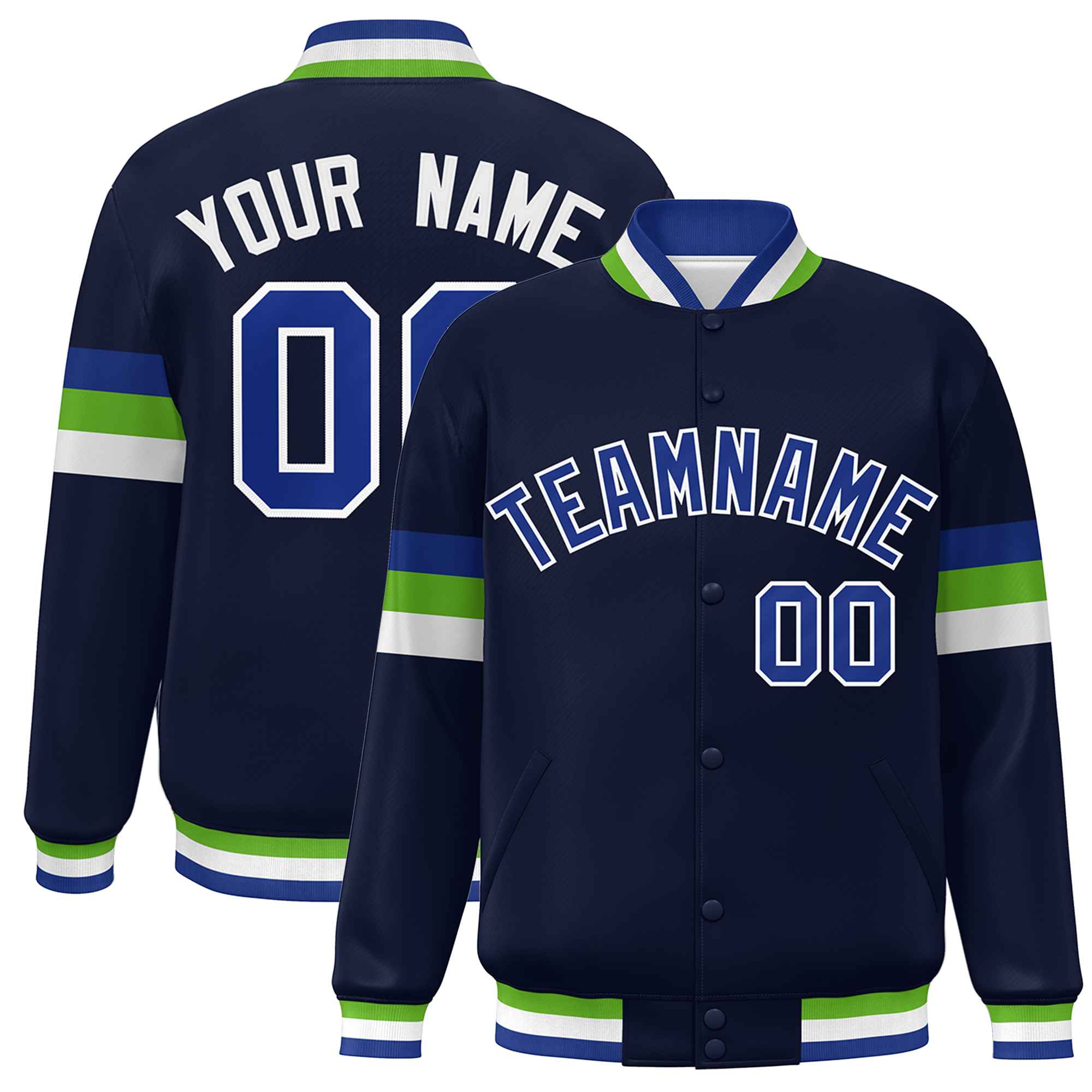 Custom Navy Royal-White Color Block Bomber Varsity Full-Snap Baseball Jacket