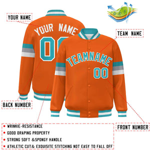 Custom Orange Aqua-White Color Block Bomber Varsity Full-Snap Baseball Jacket