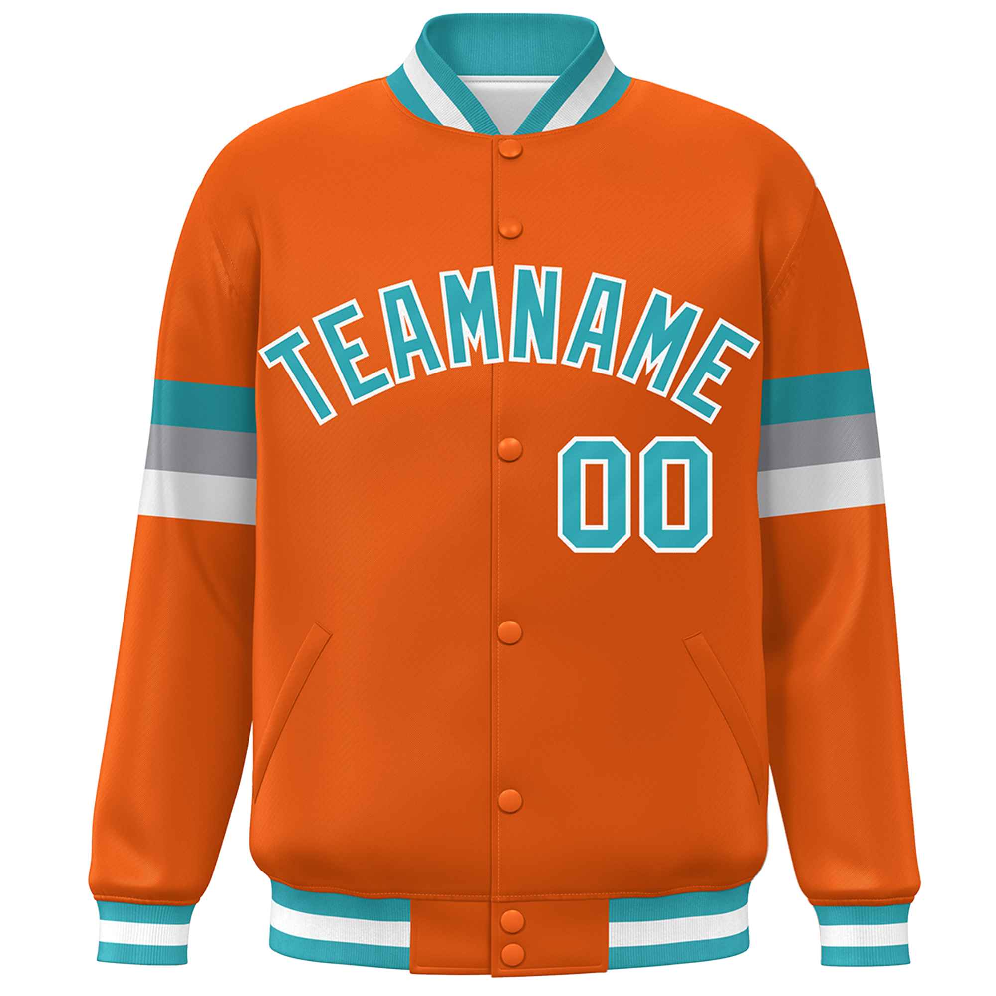 Custom Orange Aqua-White Color Block Bomber Varsity Full-Snap Baseball Jacket