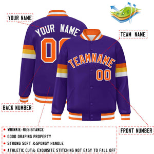 Custom Purple Orange-White Color Block Bomber Varsity Full-Snap Baseball Jacket