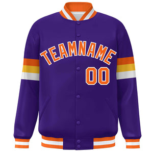 Custom Purple Orange-White Color Block Bomber Varsity Full-Snap Baseball Jacket