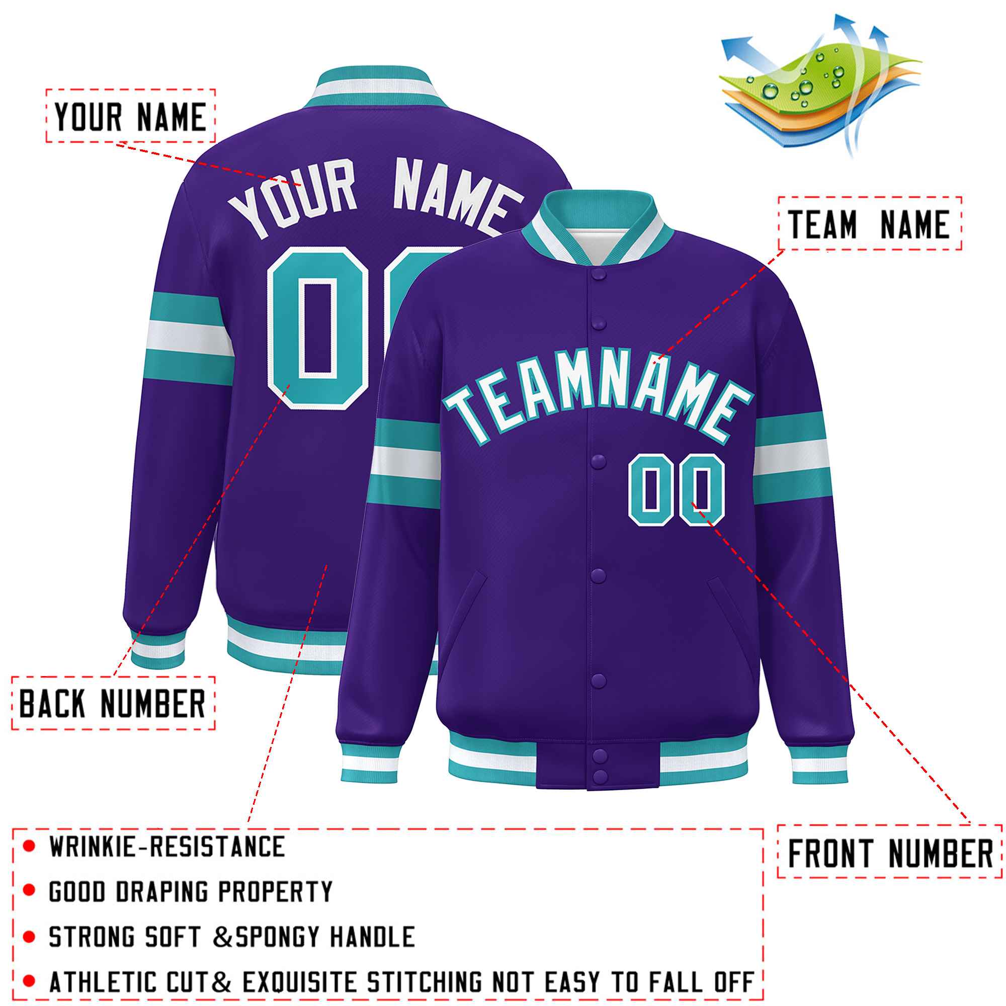 Custom Purple White-Aqua Color Block Bomber Varsity Full-Snap Baseball Jacket